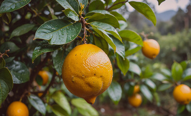 Poster - Bunch of oranges hanging from a tree. The oranges are ripe and ready to be picked. The tree is lush and green, and the sky is cloudy
