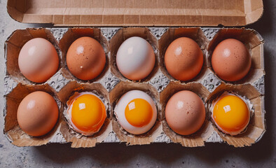 Poster - Dozen eggs are in a carton, with one of them cracked open. The carton is white and brown, and the eggs are arranged in a neat row. The cracked egg is in the middle of the row