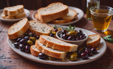 Poster - Plate of bread and olives is on a wooden table. The bread is cut into slices and the olives are scattered around the plate. There are also some glasses on the table, one of which is filled with a