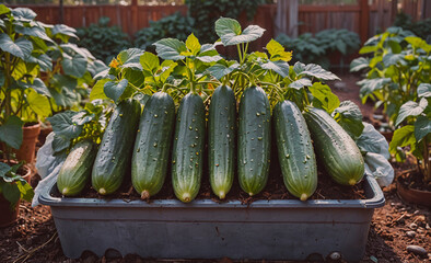 Poster - Row of cucumbers are growing in a garden. The cucumbers are green and are growing in a tray