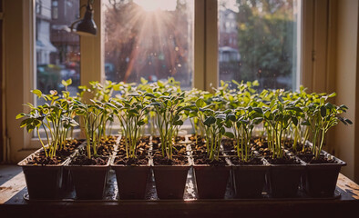 Wall Mural - Row of potted plants sit on a table in front of a window. The plants are small and green, and they are arranged in neat rows. The sunlight coming through the window illuminates the plants