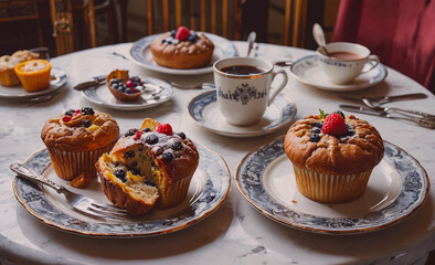 Poster - Table with a variety of pastries and coffee, including muffins, scones, and cupcakes