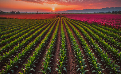 Poster - Field of corn is shown with a sunset in the background. The sun is setting behind the corn, creating a warm and peaceful atmosphere