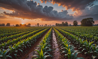 Poster - Field of corn is shown with a cloudy sky in the background. The sky is orange and the sun is setting