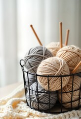 Poster - Cozy craft hobby scene in home. Balls of natural yarn in basket. Knitting or crochet tools in warm colors. Relaxing home activity in autumn or winter. Handmade decor concept.