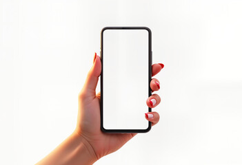 Poster - Female hand holds modern smartphone with empty screen. Device mockup on plain background. Image suitable for tech advertising apps. Hand holds device horizontally. Blank screen offers space for