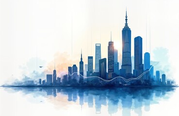 Aufkleber - Modern city skyline with glowing forex charts. Abstract illustration of dynamic cityscape reflected on water. Financial data visualized as graphic lines on urban landscape. Suggests growth, success,
