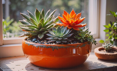 Poster - Large orange pot with a variety of plants in it. The plants include a green succulent, a red flower, and a yellow flower. The pot is placed on a windowsill, allowing the plants to receive sunlight