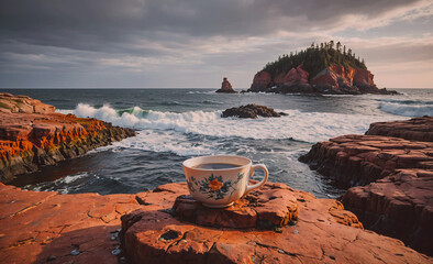 Poster - Cup of coffee is sitting on a rock near the ocean. The scene is serene and peaceful, with the waves crashing in the background. The cup of coffee is the only object in the image