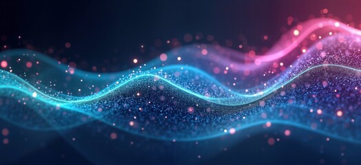 Leinwandbilder - Abstract futuristic design. Glowing lines, dots create dynamic waves. Vibrant colors like turquoise, purple highlight motion, energy. Ideal for tech backgrounds. Pattern suggests digital wave