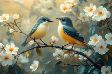 Naklejka na meble Beautiful small bird on a flowering tree branch