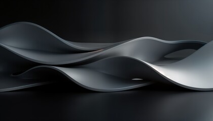 Poster - Abstract design with wavy gray, silver metallic forms. Dark background creates dramatic contrast. Modern tech style. Suitable for various uses. Elegant, industrial aesthetic. Suitable for interior