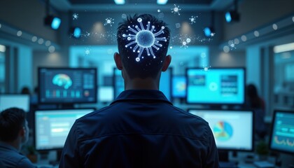 Aufkleber - Person in tech office monitors data. Person views brain interface data on screen. Medical tech visualizes brain activity with neural interface. Futuristic medical imaging. Advanced healthcare