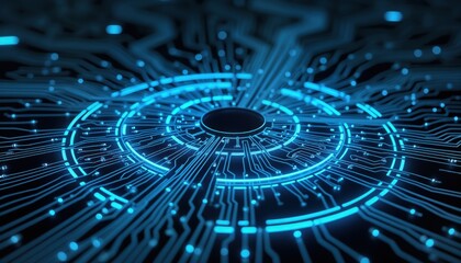 Fototapete - Abstract futuristic tech background. Circular pattern of glowing blue circuits. Complex network of interconnected lines, glowing nodes. Abstract tech design. Elegant, sophisticated digital pattern.