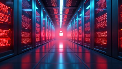 Aufkleber - futuristic tech corridor shows vibrant red, blue lights. modern data center displays code. security 