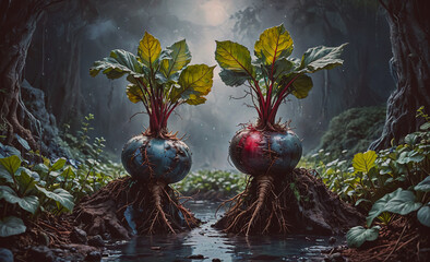 Aufkleber - Two plants with roots in a pond. The plants are purple and green