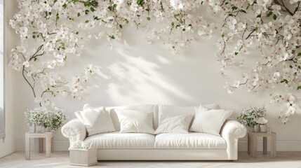 Wall Mural - Serene White Living Room with Blossom Wall Decor