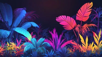 Wall Mural - Creative neon tropical forest with colorful exotic plants glowing in the dark background. generative ai. Neon Jungle. Illustration