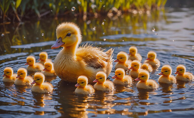 Poster - Group of ducklings are swimming in a pond with a mother duck. The scene is peaceful and serene, with the ducks enjoying their time in the water