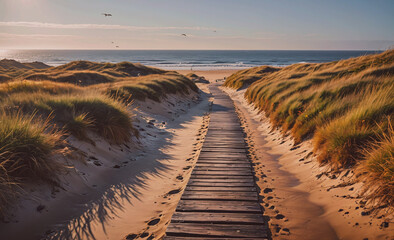 Poster - Beach walkway with a wooden boardwalk leading to the ocean. The beach is empty and the sky is clear