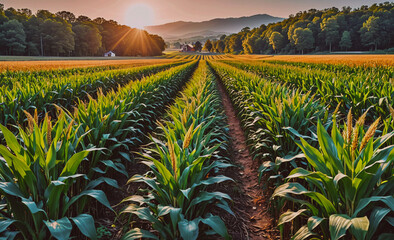 Poster - Field of corn is shown with the sun shining on it. The sun is in the background and the corn is in the foreground