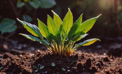 Wall Mural - Small plant is growing in the dirt. The plant is green and has leaves. The leaves are spread out and are not touching each other