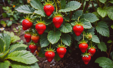 Poster - Bunch of red strawberries hanging from a plant. The strawberries are ripe and ready to be picked