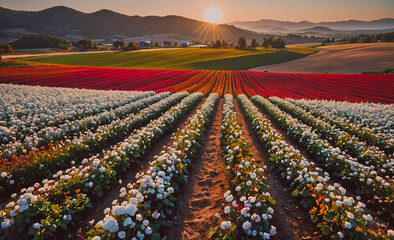 Poster - Field of flowers with a sun in the background. The sun is setting and the sky is a mix of colors