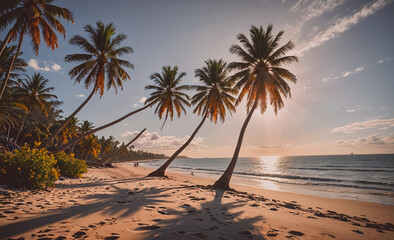 Fototapete - Beach with palm trees and a beautiful sunset. The sky is clear and the water is calm