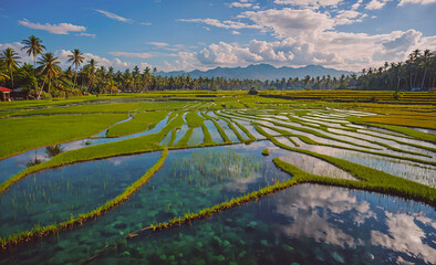 Poster - A field of rice paddies with a blue sky in the background. The water is calm and the grass is lush