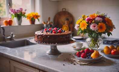 Aufkleber - A cake with blueberries and strawberries on top sits on a silver platter on a marble counter. A vase of flowers sits on the counter next to the cake. There are also several fruits, including apples