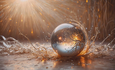 Poster - A large, shiny, silver ball is surrounded by water droplets and a few pieces of wood. The water droplets are scattered around the ball, creating a sense of movement and energy. The wood pieces add a