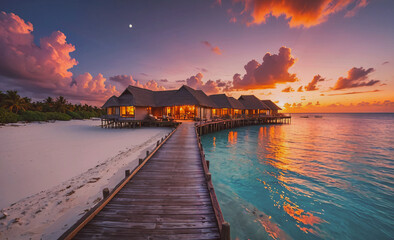 Fototapete - A beautiful beach with a wooden pier and a row of houses. The sky is orange and pink, and the water is calm. The scene is peaceful and serene, and it evokes a sense of relaxation and tranquility