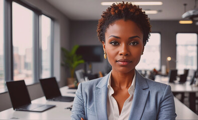 Poster - A woman in a business suit stands in front of a desk with several laptops and a potted plant