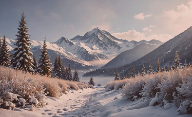 Poster - A snowy mountain range with a path through the snow. The path is surrounded by trees and the mountains are covered in snow. The scene is peaceful and serene, with the snow-covered landscape creating a