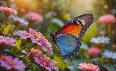 Poster - A butterfly is resting on a pink flower. The butterfly is orange and blue
