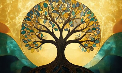 Poster - vibrant tree of life with colorful leaves and radiant background symbolizing growth and harmony