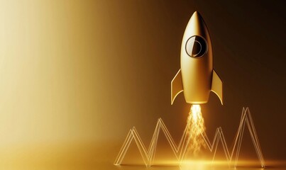 Poster - golden rocket launching with fiery exhaust against a gradient background, symbolizing innovation and