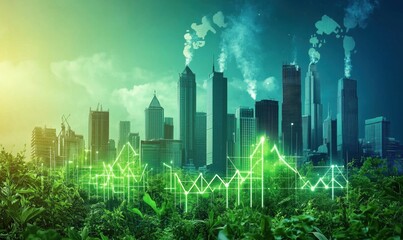 Poster - Sustainable Urban Landscape with Skyscrapers and Greenery, Emphasizing Eco-Friendly Growth and Data Visualization