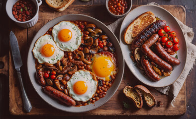 Poster - A plate of eggs, beans, and sausages sits on a wooden table. The plate is topped with a knife and a fork