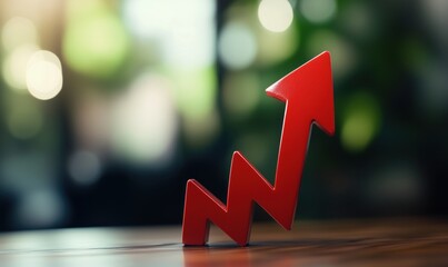 Poster - Red upward arrow symbolizing growth and success in business, finance, and investment, set against a blurred green background
