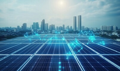 Poster - Solar panels generating renewable energy in urban landscape with digital connectivity and smart technology integration