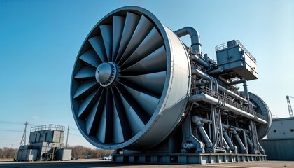 Poster - Massive industrial power generator with large turbine stands outdoors. Heavy machinery displays advanced tech, energy production. Facility large, robust. Complex power generation setup shows
