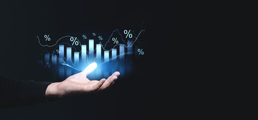 Poster - Hand presenting glowing financial bar chart with percentage signs on dark background.