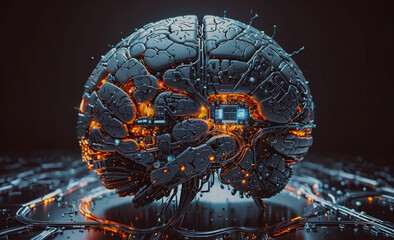 Poster - A brain with wires and circuits is shown in a dark background. The brain is glowing with a blue light and has a blue eye. Scene is futuristic and somewhat eerie