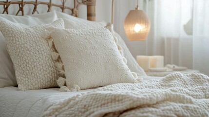 Wall Mural - Cozy Creamy Bedroom Decor: Textured Pillows and Knitted Blanket