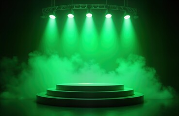 Poster - Empty stage illuminated by green spotlights, fog. Dark background. Circular podium placed in center of stage. Green neon light creates dramatic scene. Suitable for product presentation, awards