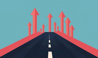 Poster - Road leading to upward arrows symbolizing growth and progress, vibrant colors, minimalist design, clear blue sky, modern graphic style