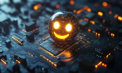 Poster - Smiling digital face on circuit board, glowing with orange lights, representing technology and happiness, futuristic design, intricate details