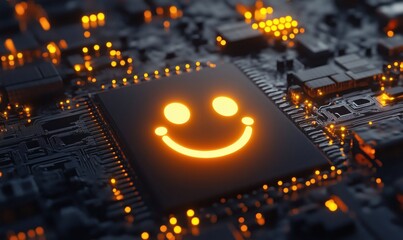 Poster - Smiley Face Circuit Board Design with Glowing Orange Lights, Modern Technology Aesthetic, Digital Art, Futuristic Electronics